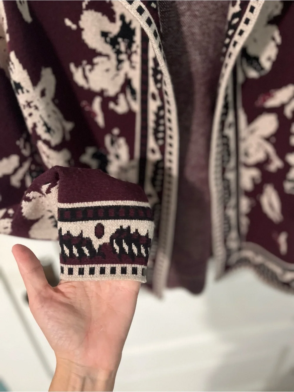 Rachel Zoe Wine and Cream Floral Hooded Cardigan, size xs